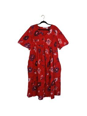Fundamentals Red Floral House Dress Midi Women’s Cotton 2X V-Neck
